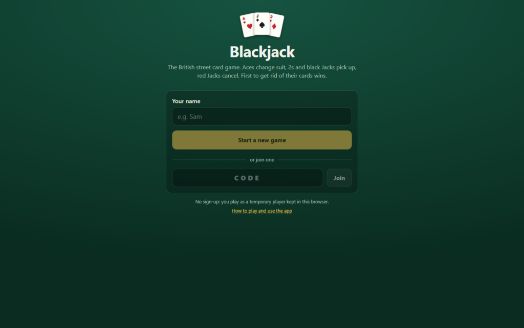 Blackjack lobby on a green felt background, with a name field, a Start a new game button and a box for a five-letter game code