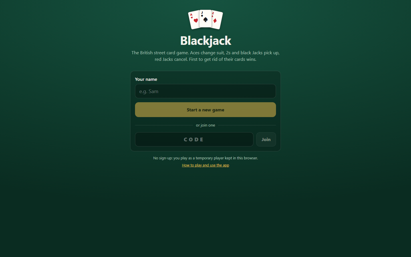 Blackjack lobby on a green felt background, with a name field, a Start a new game button and a box for a five-letter game code