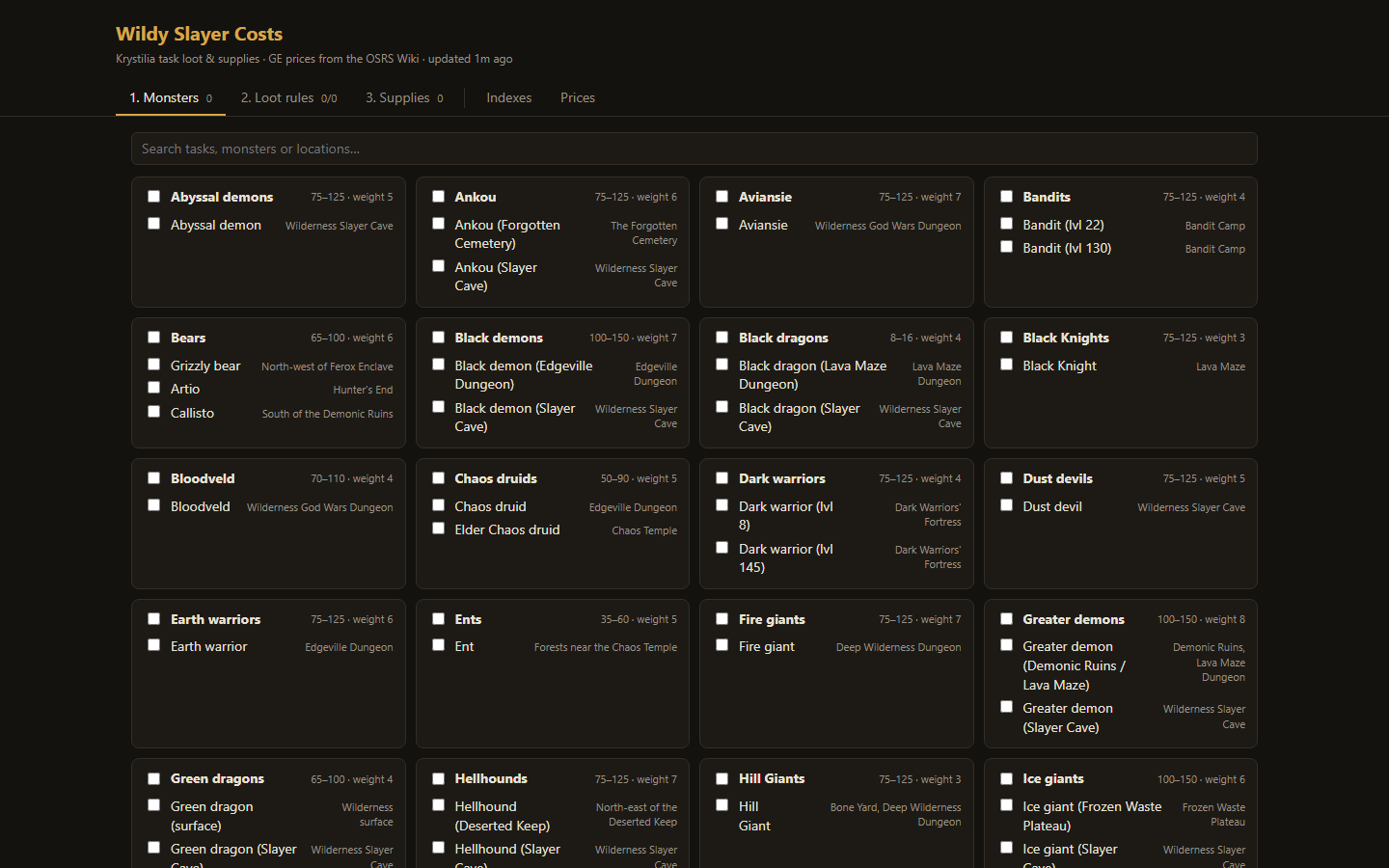 Wildy Slayer Costs showing Krystilia's Wilderness Slayer tasks as cards, each listing its monsters and where to find them, with tabs for loot rules, supplies, indexes and prices